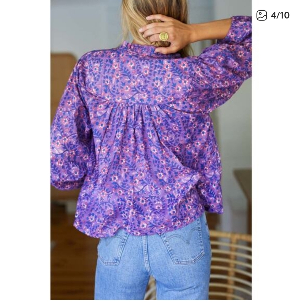 Emerson Fry India Collection Emmaline Blouse Floral Purple Pink Size XS Cotton - Picture 3 of 11
